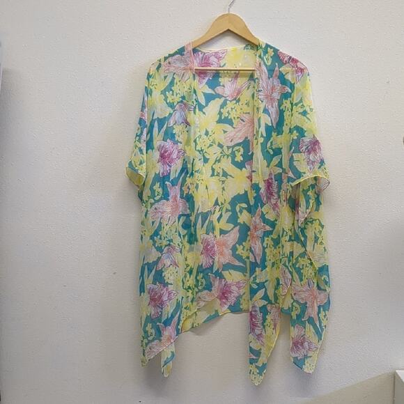 West Loop Pink and Yellow tropical  floral Sheer Kimono - Picture 2 of 5